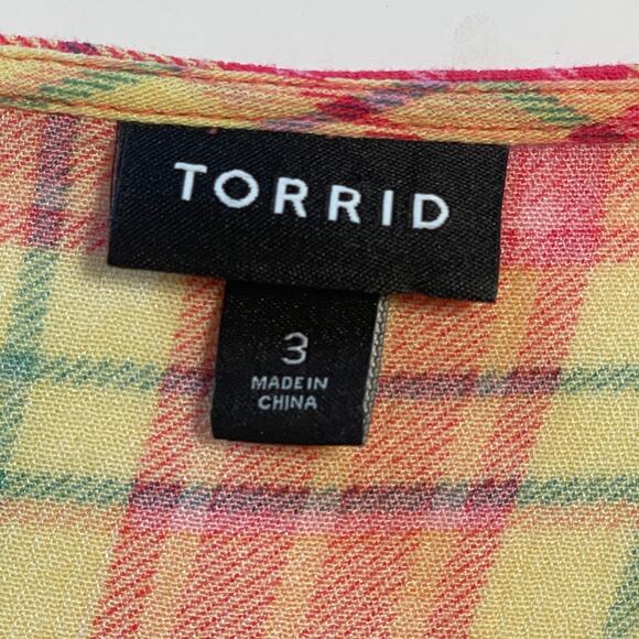 Torrid Yellow Plaid Smocked Blouse Women's Size 3X Crinkle Gauze Crew Neck Top - Picture 6 of 11